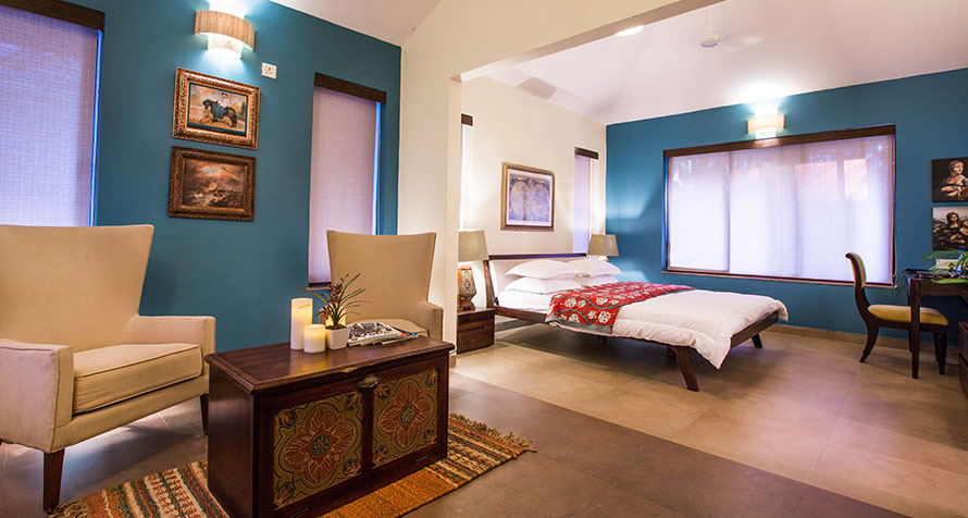 villa in alibaug near the beach: tropical retreat beach resort bedroom view