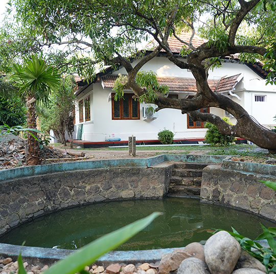 kochi heritage villa courtyard with pond view