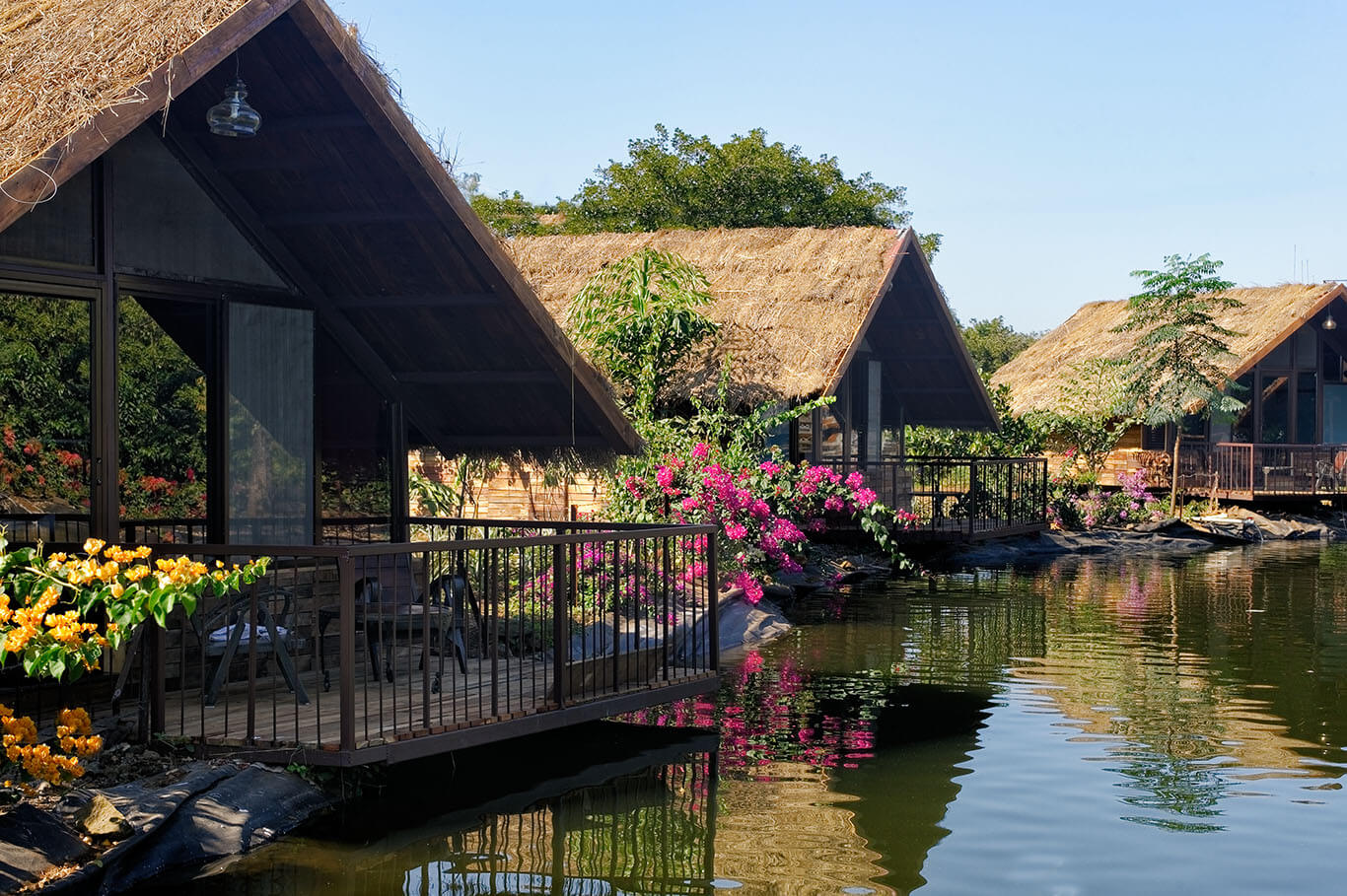 Exterior view of the Dreamy Cottages On An Island in Mulshi, one of the best riverfront resorts near Mumbai