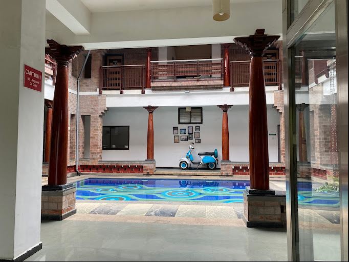 Interiors and indoor swimming pool at the Nature Wellness Retreat in Mulshi.